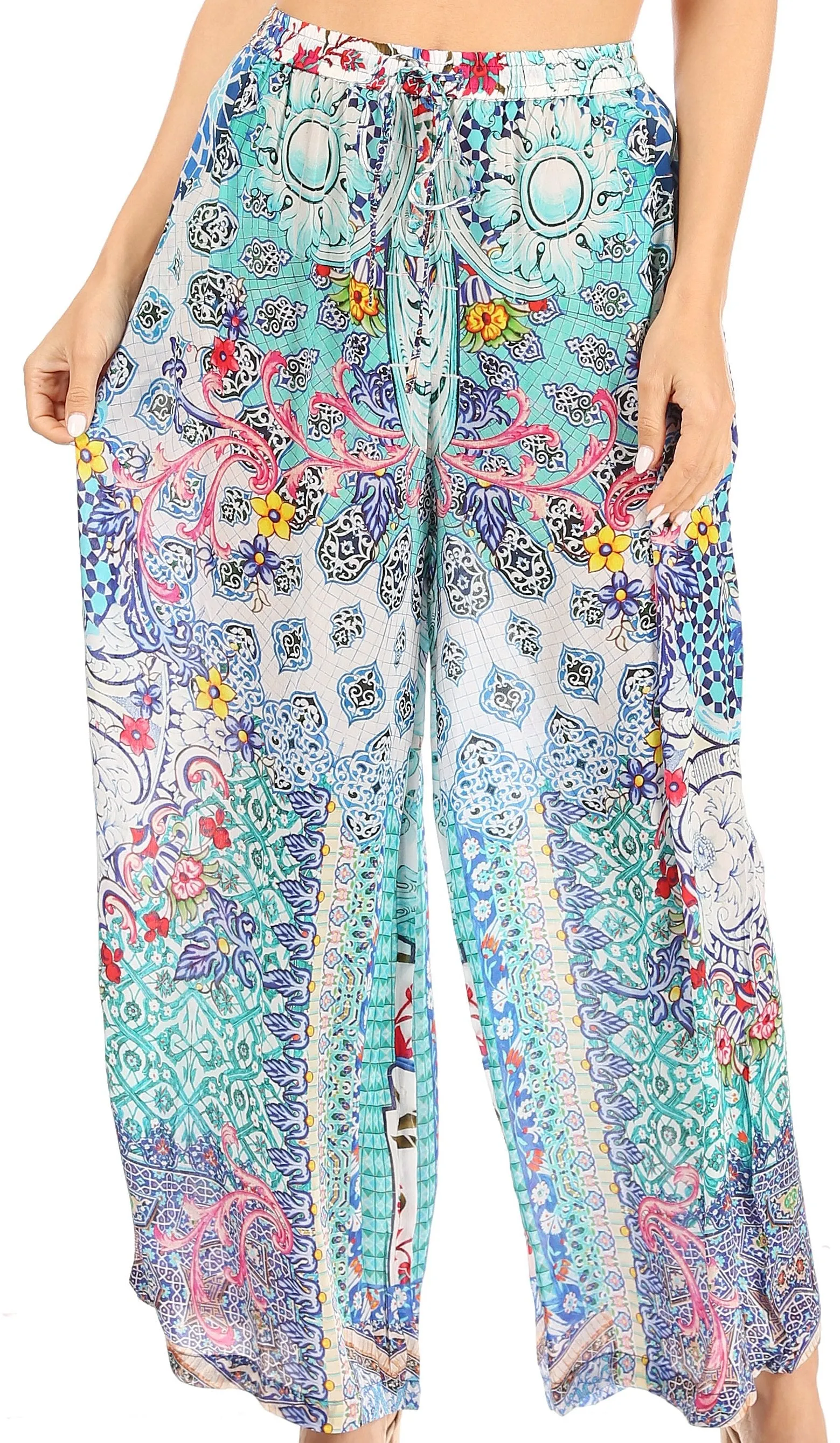 Sakkas Anie Women's Boho Casual Flowy Flare Palazzo Wide Leg Pants Floral Print