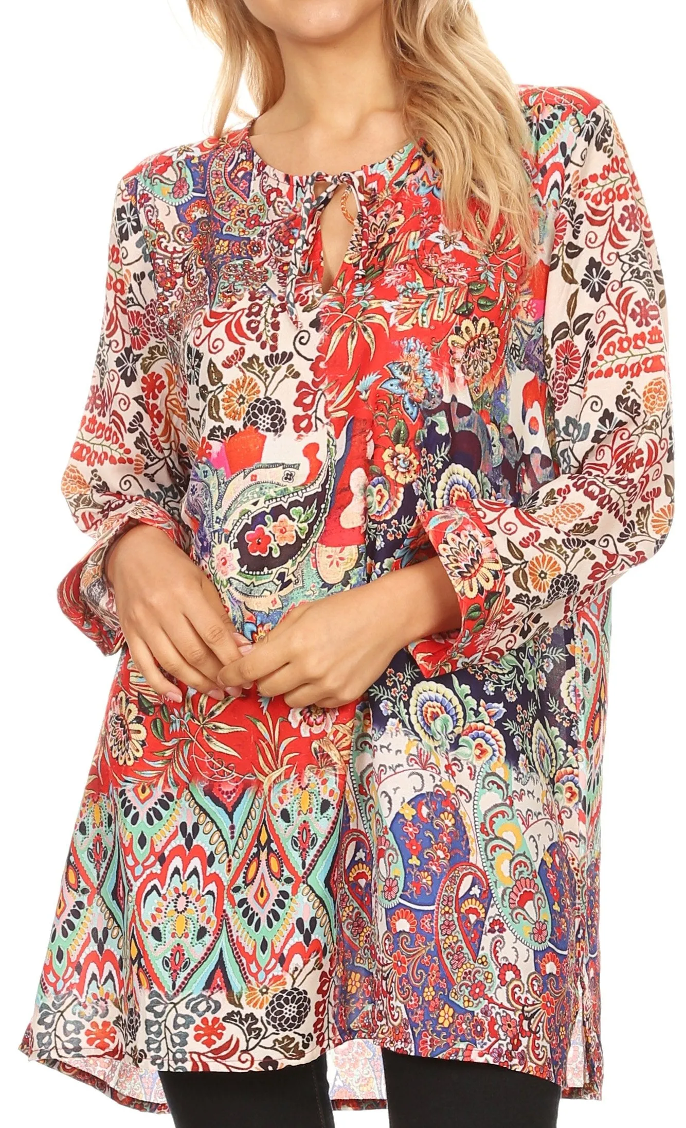 Sakkas Ida Womens Peasant Boho Tunic Blouse Top with Long Sleeves & Embellishing