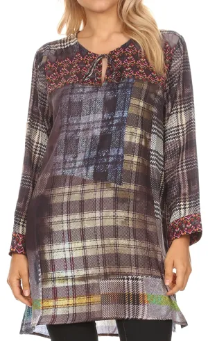 Sakkas Ida Womens Peasant Boho Tunic Blouse Top with Long Sleeves & Embellishing