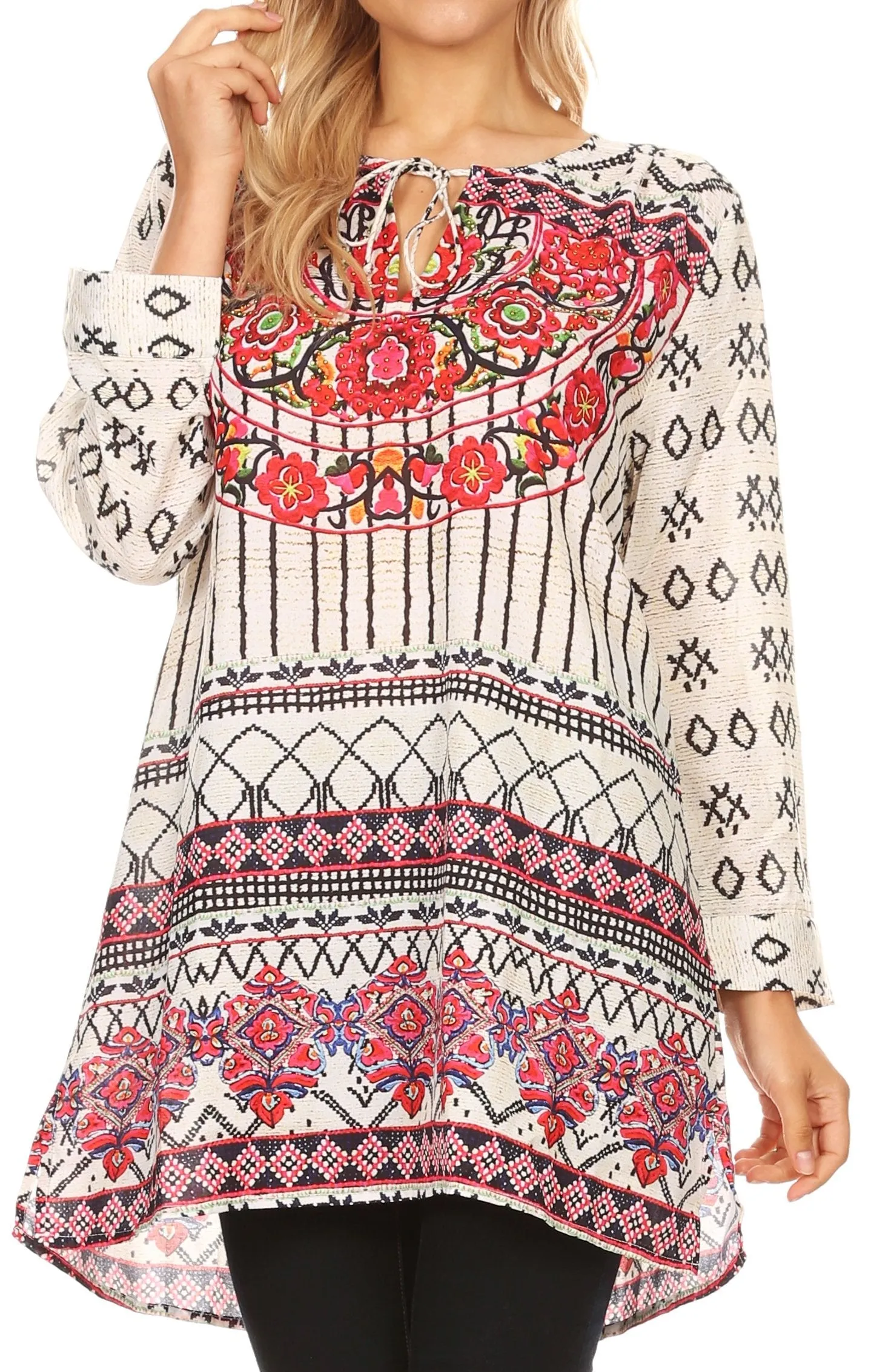 Sakkas Ida Womens Peasant Boho Tunic Blouse Top with Long Sleeves & Embellishing