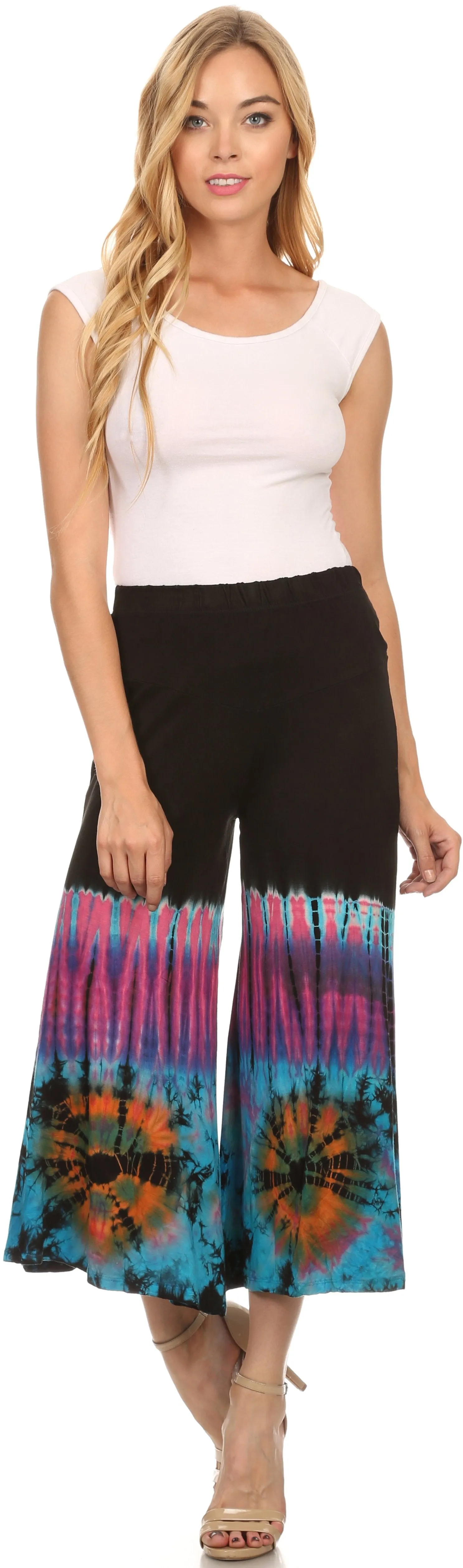 Sakkas Janelle Long Flare Bell Tie Dye Elastic Waist Wide Leg Palazzo Pant