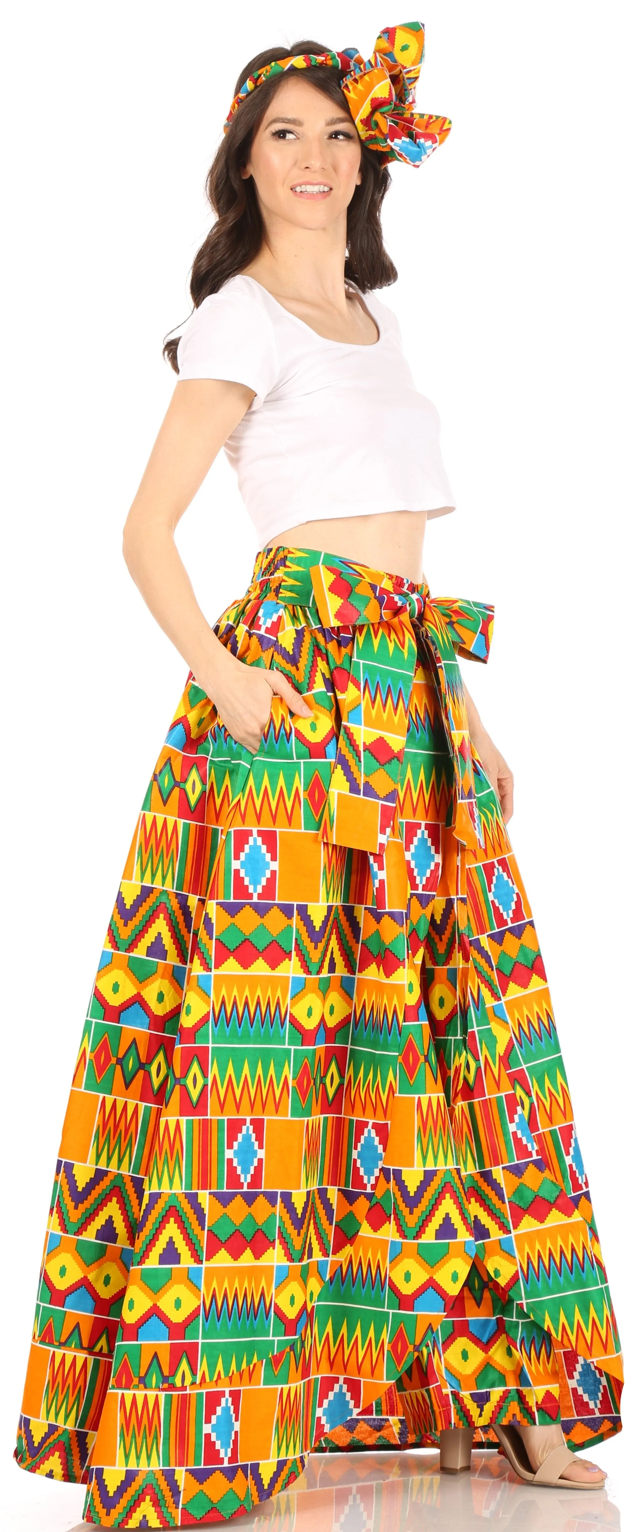 Sakkas Lanna Women's African Ankara Print Ankle Pants w/Pockets & Overlay Pull-up