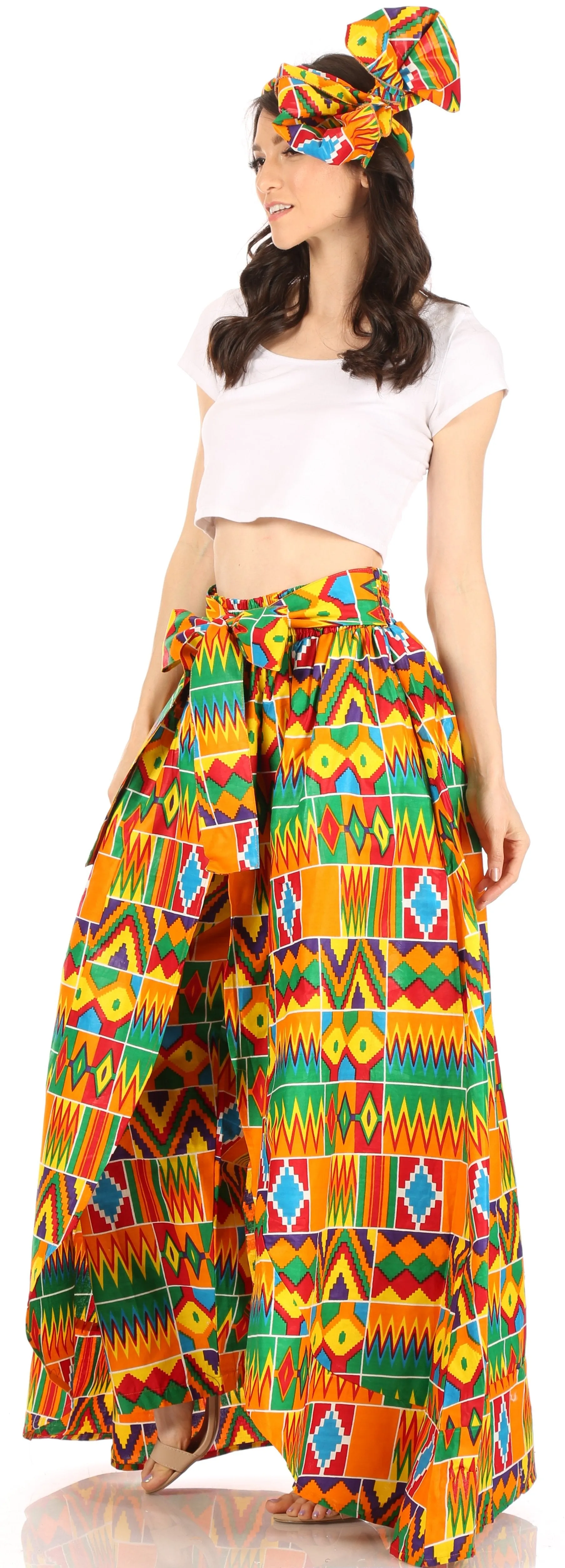 Sakkas Lanna Women's African Ankara Print Ankle Pants w/Pockets & Overlay Pull-up