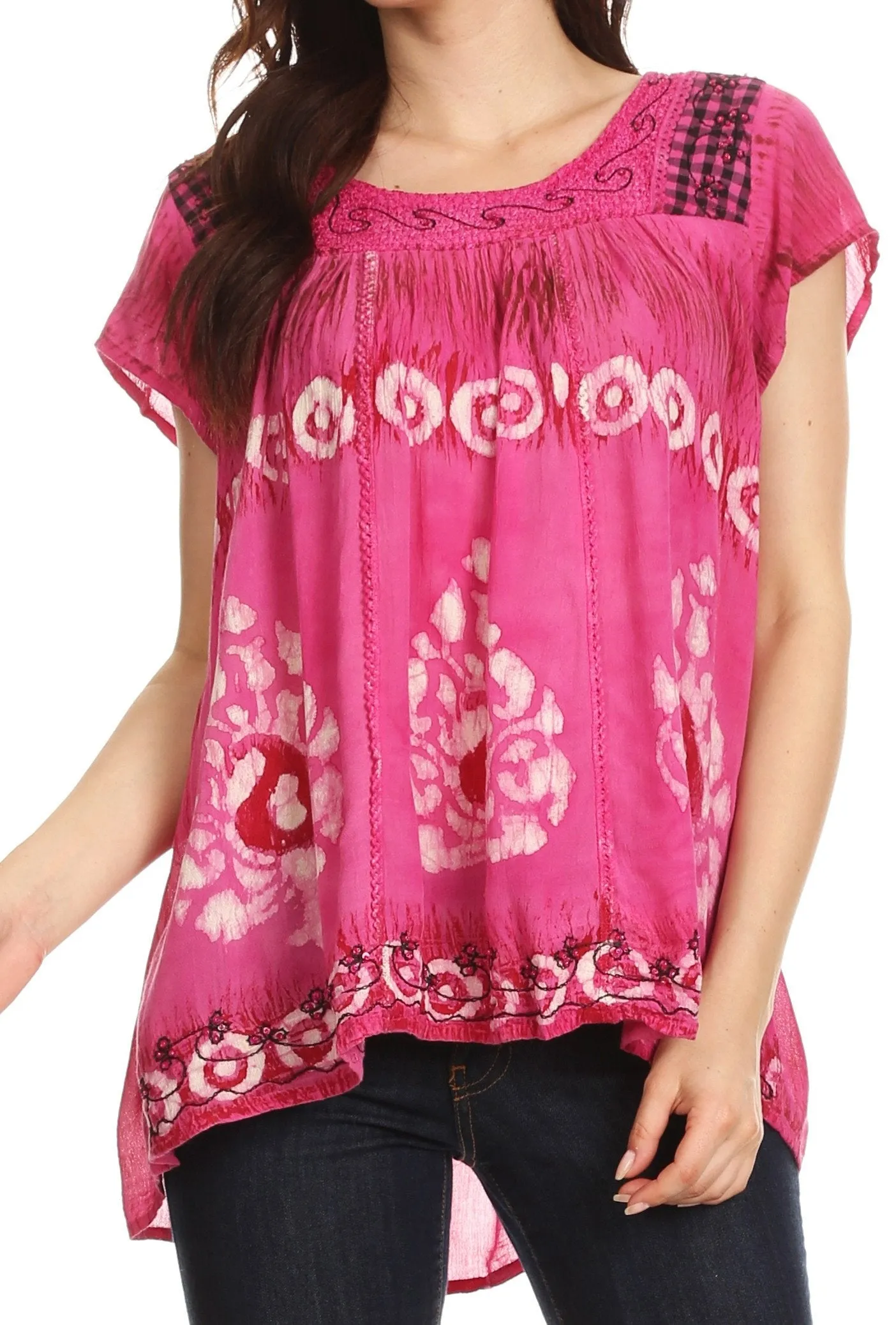 Sakkas Nefeli Short Sleeve Petite Slim Top Blouse with Embroidery and Print