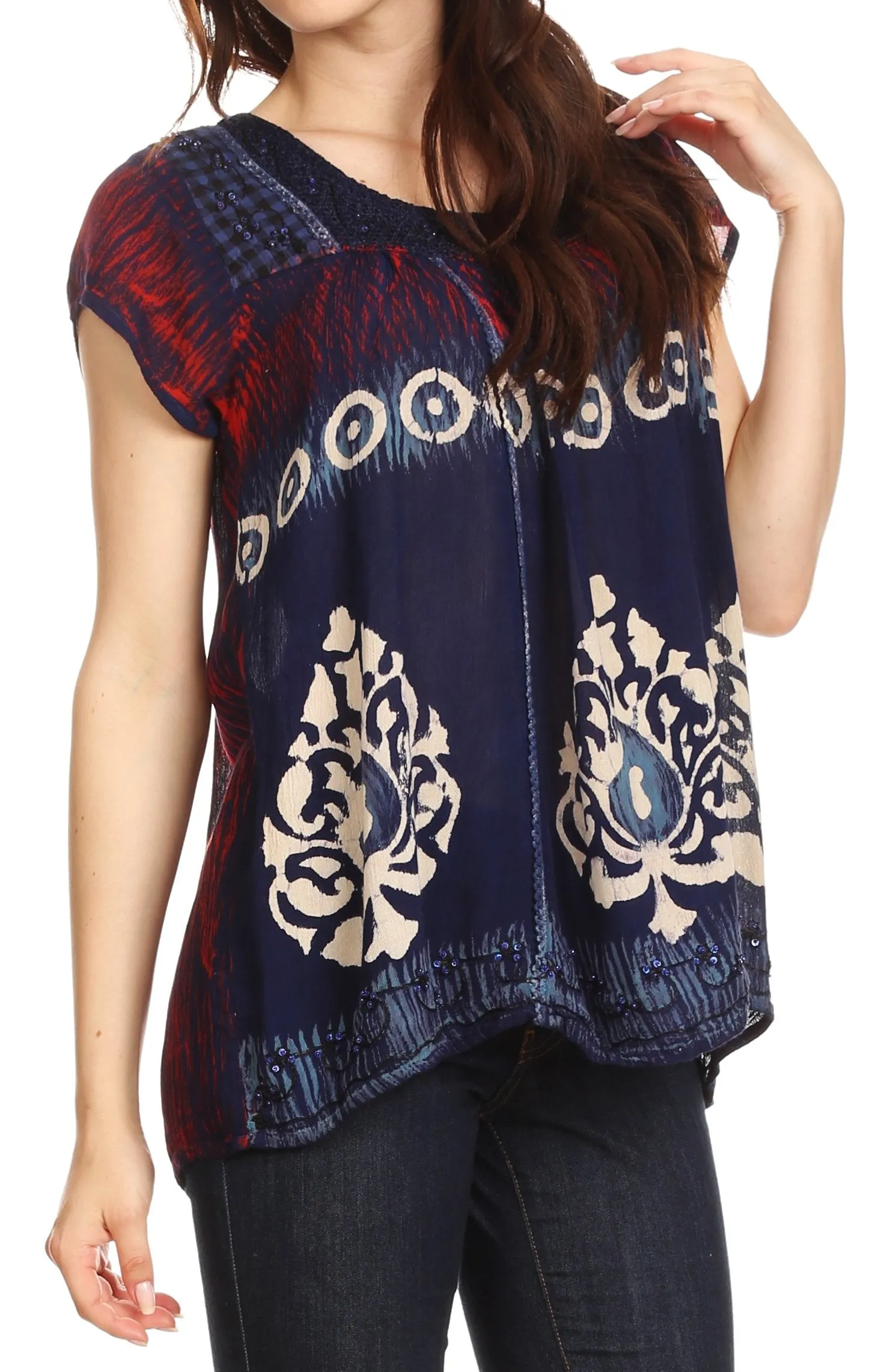 Sakkas Nefeli Short Sleeve Petite Slim Top Blouse with Embroidery and Print