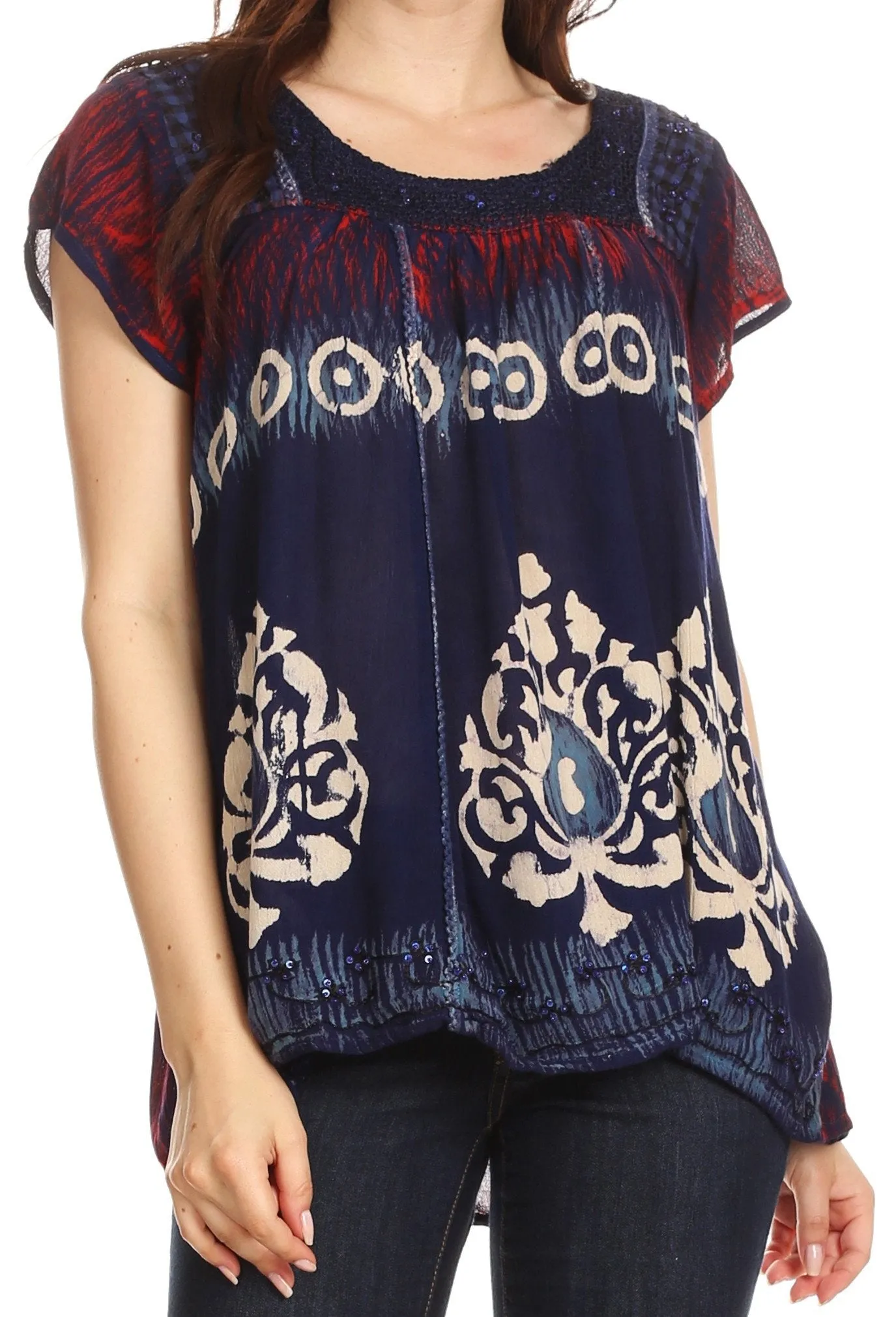 Sakkas Nefeli Short Sleeve Petite Slim Top Blouse with Embroidery and Print