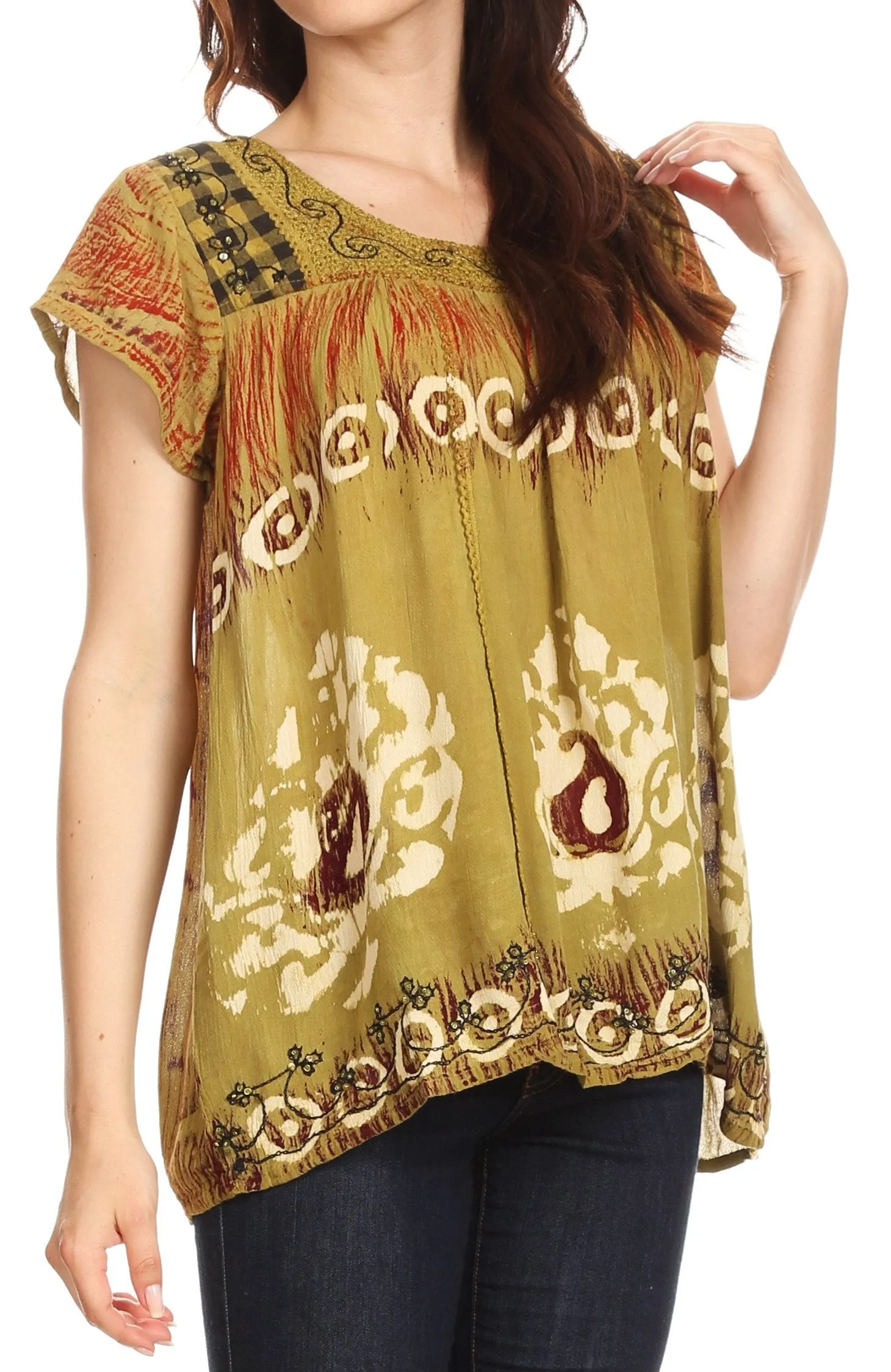 Sakkas Nefeli Short Sleeve Petite Slim Top Blouse with Embroidery and Print