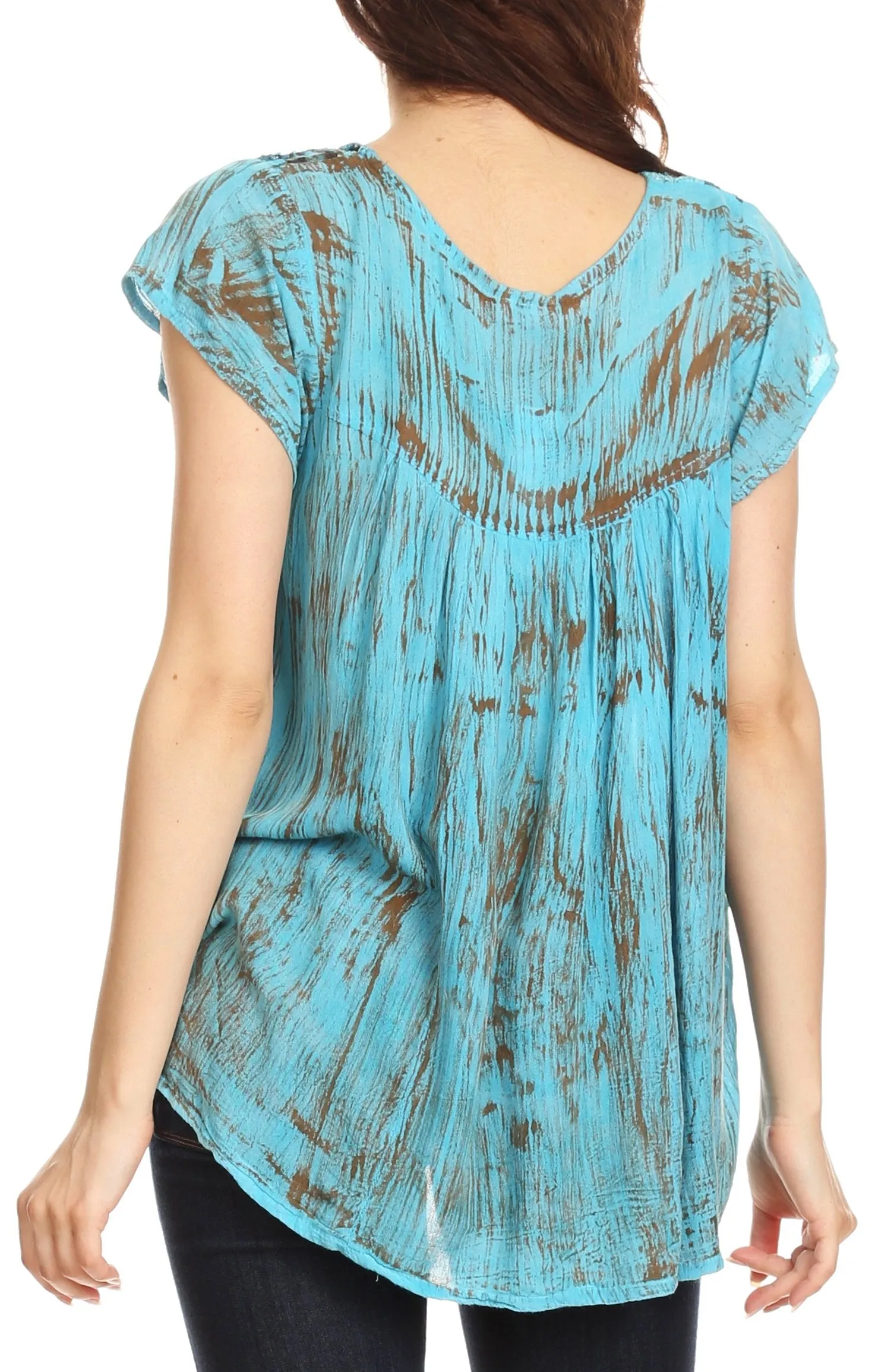 Sakkas Nefeli Short Sleeve Petite Slim Top Blouse with Embroidery and Print