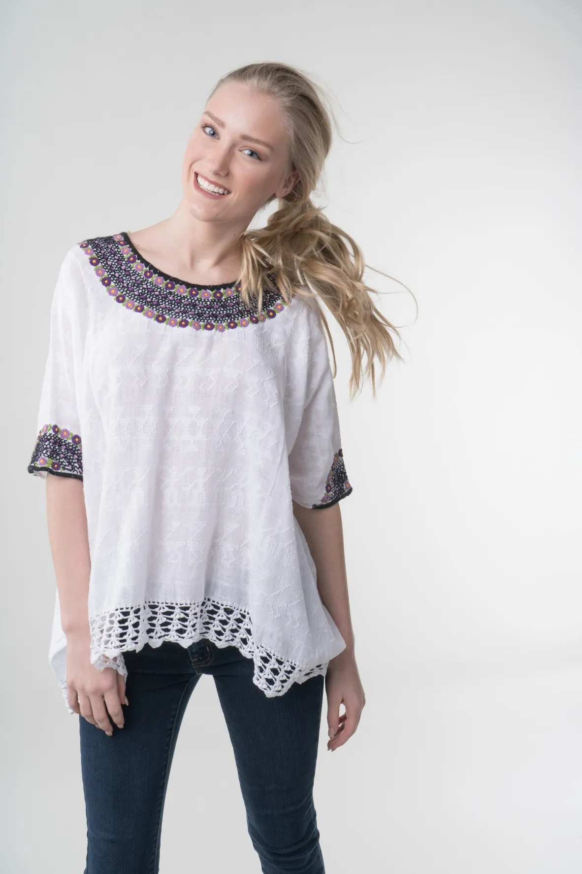 SALE - Beatriz Embroidered Guatemalan Top - White, Purple, & Black