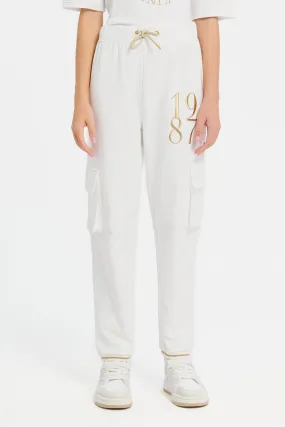 Senior Girls White Printed Joggers With Tape