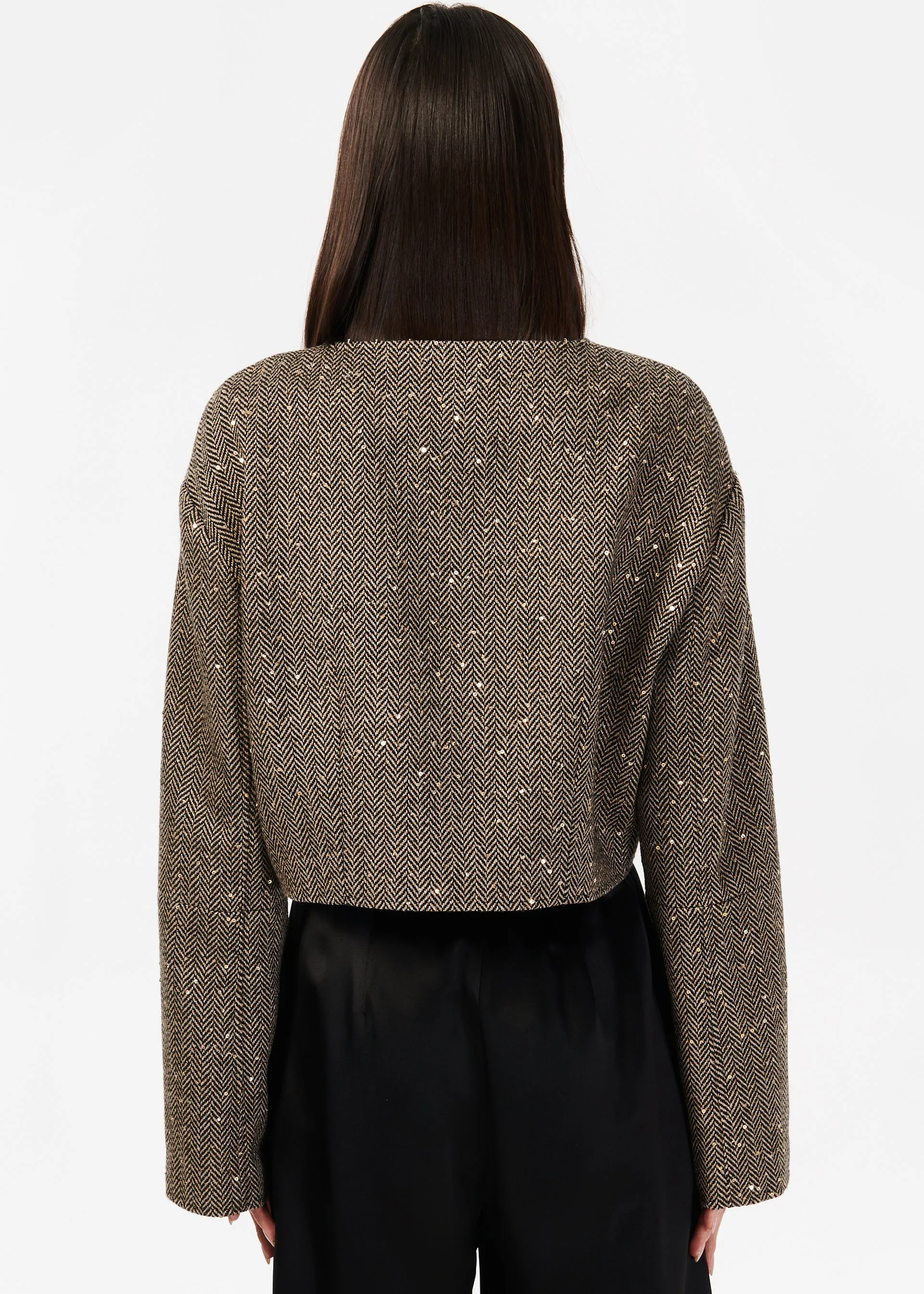 Serrano Sequin Tweed Cropped Jacket Black and Tan