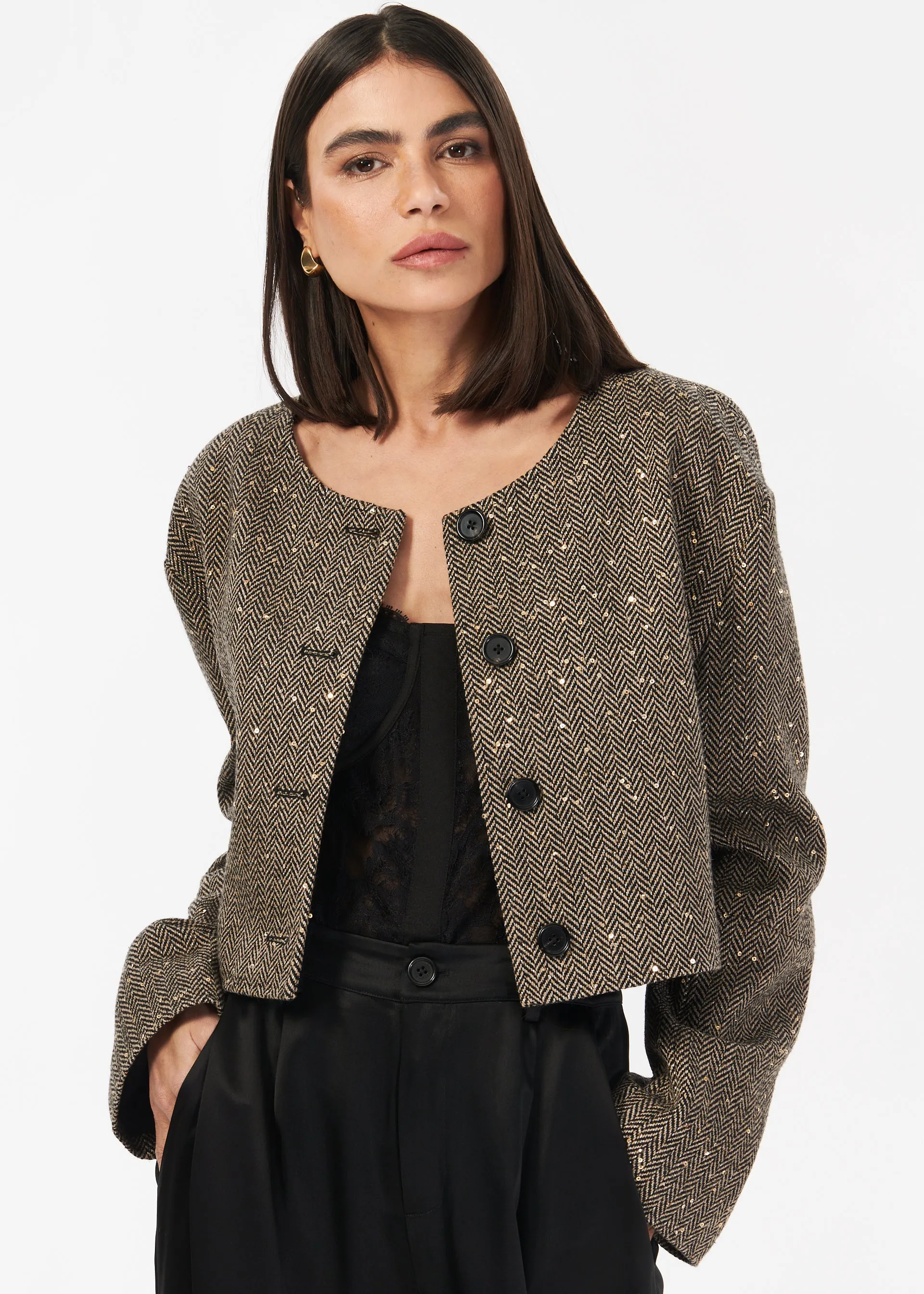 Serrano Sequin Tweed Cropped Jacket Black and Tan