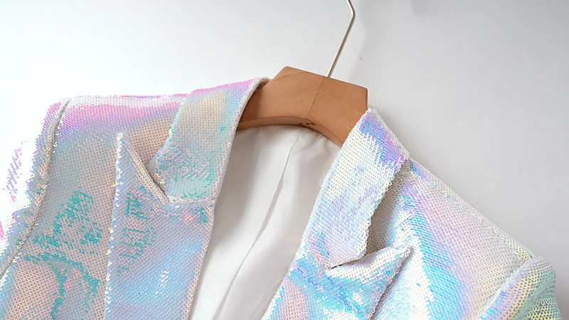 Sexy Iridescent White Sequin 2pc Blazer & Shorts Set