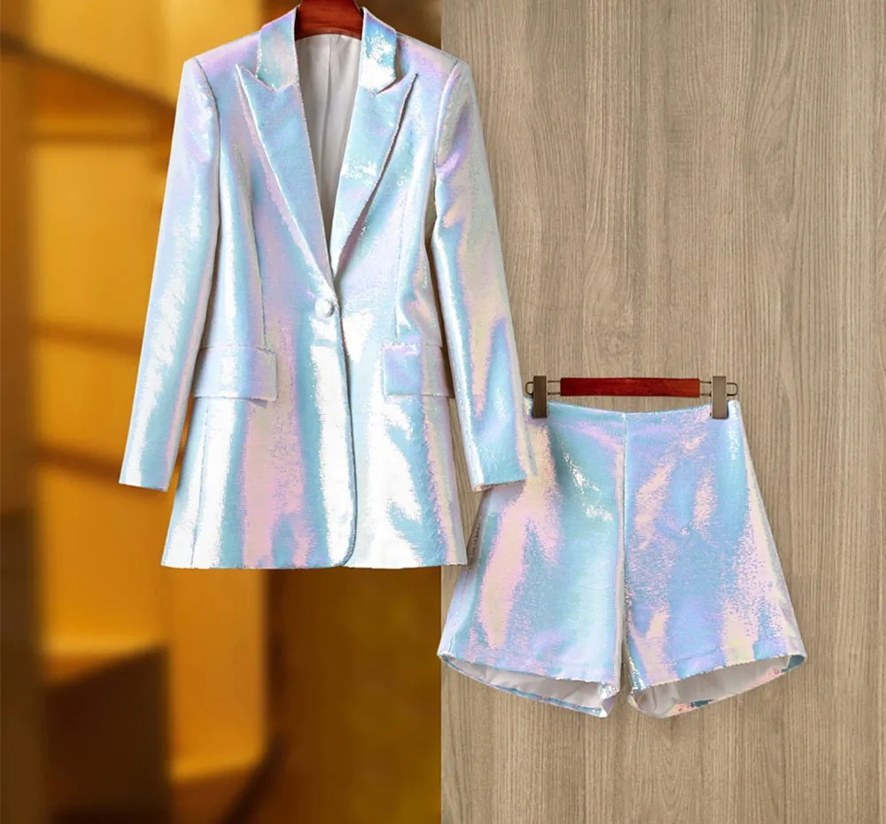 Sexy Iridescent White Sequin 2pc Blazer & Shorts Set