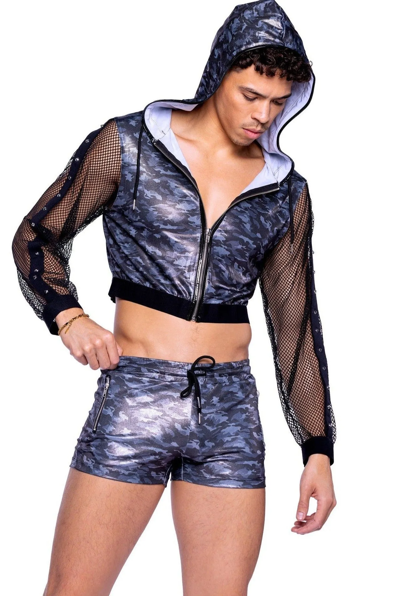 Shimmer Camouflage Cropped Hooded Jacket with Fishnet Sleeves & Stud Detail