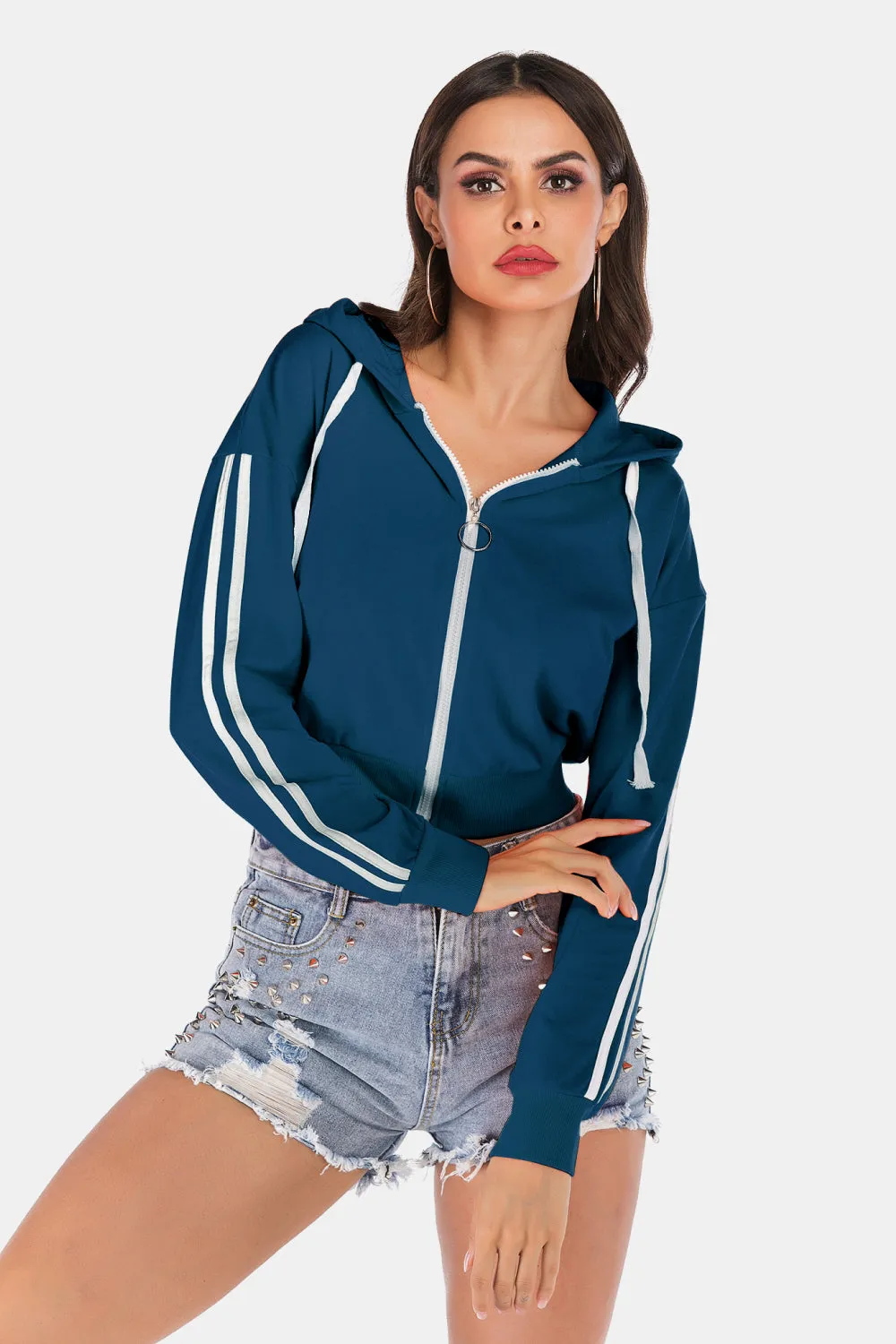 Side Stripe Drawstring Cropped Hooded Jacket