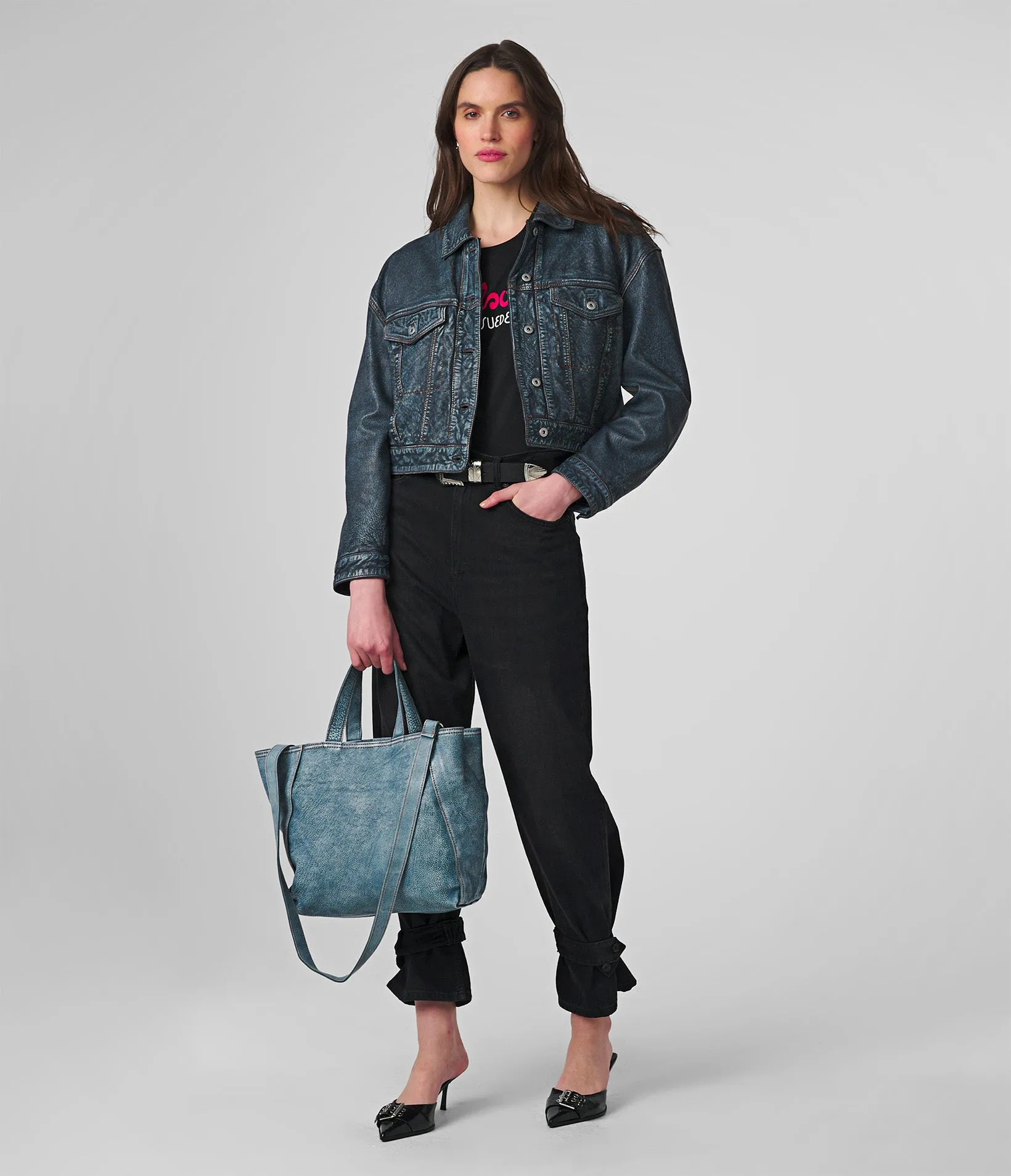 Sloane Cropped Denim Leather Jacket