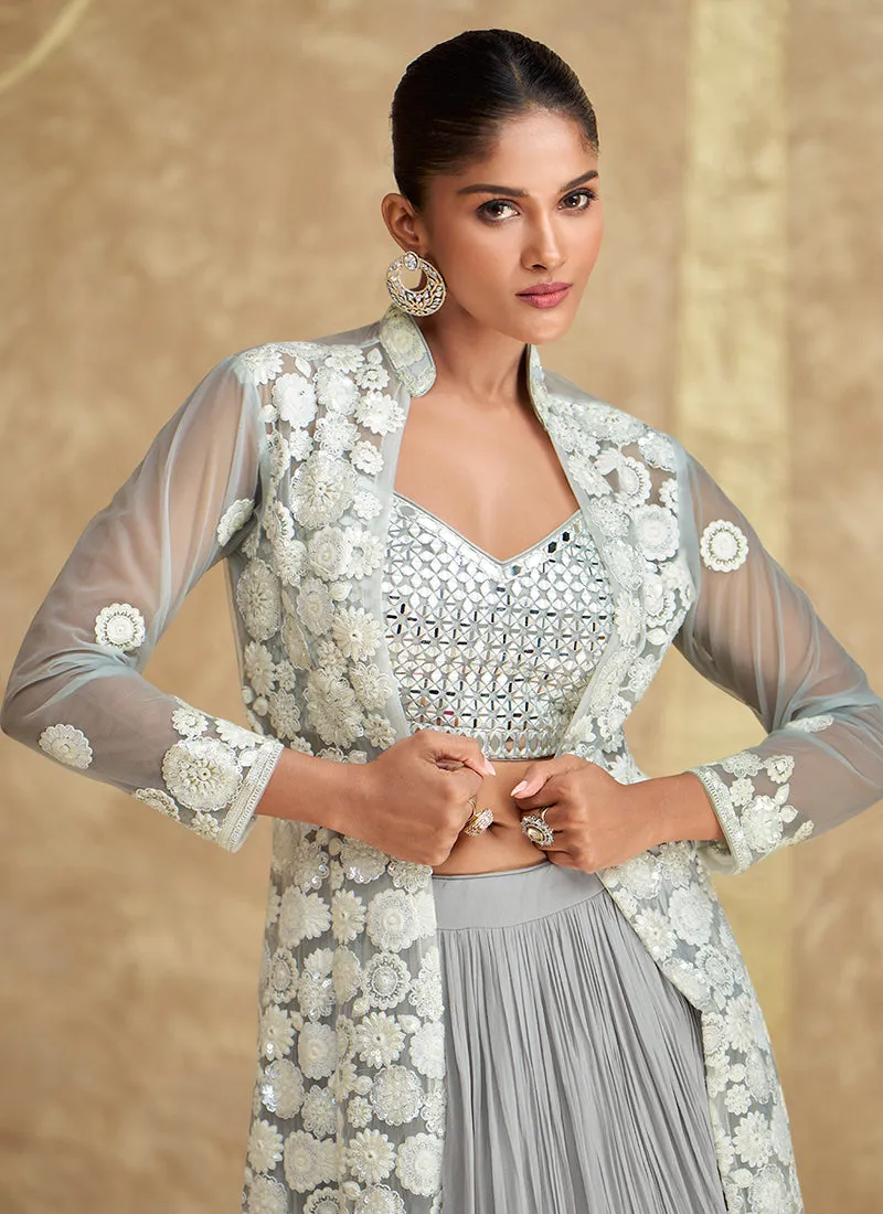 Soft Grey Embroidered Jacket Style Lehenga Choli