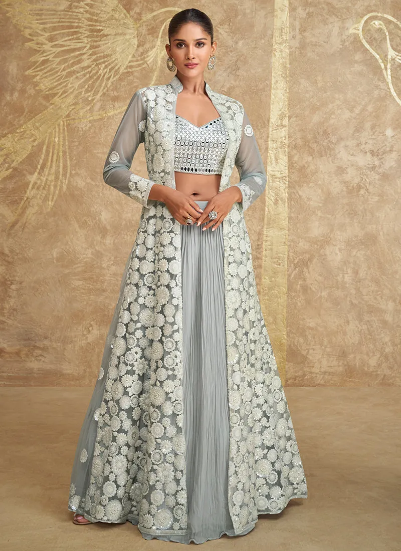 Soft Grey Embroidered Jacket Style Lehenga Choli