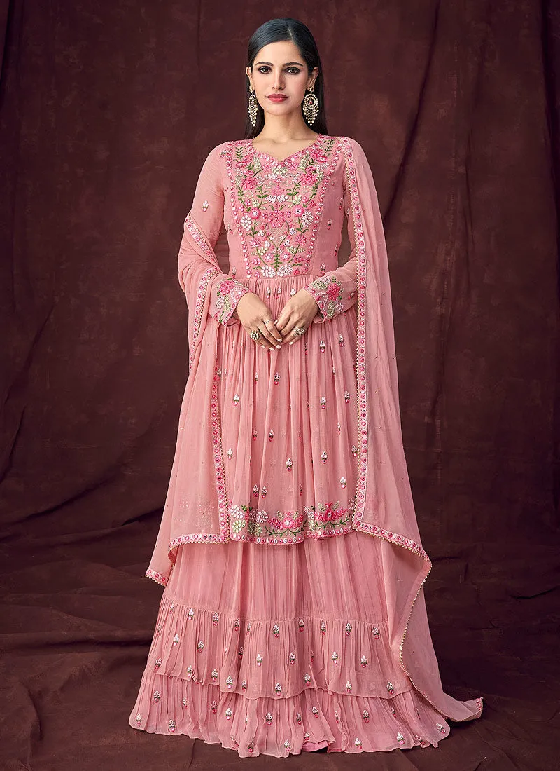 Soft Pink Embroidered Peplum Style Anarkali Lehenga Suit