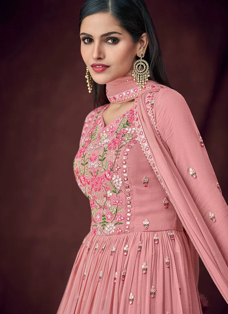 Soft Pink Embroidered Peplum Style Anarkali Lehenga Suit