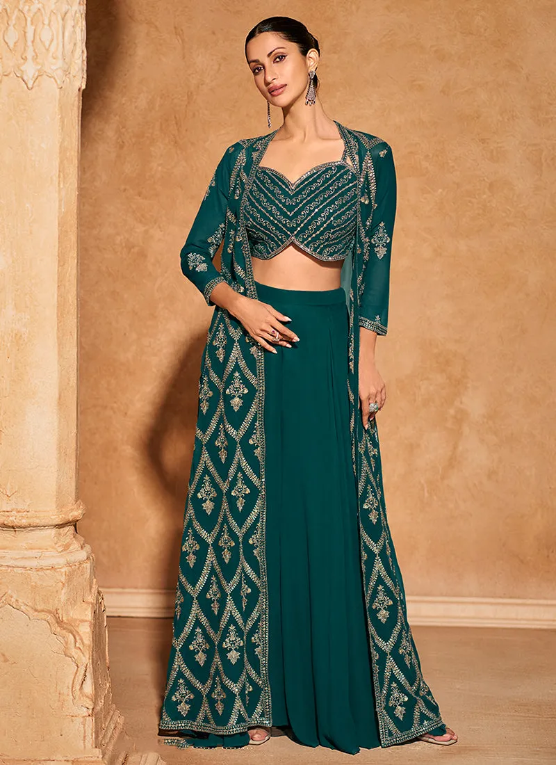 Teal Green Embroidered Jacket Style Palazzo Suit