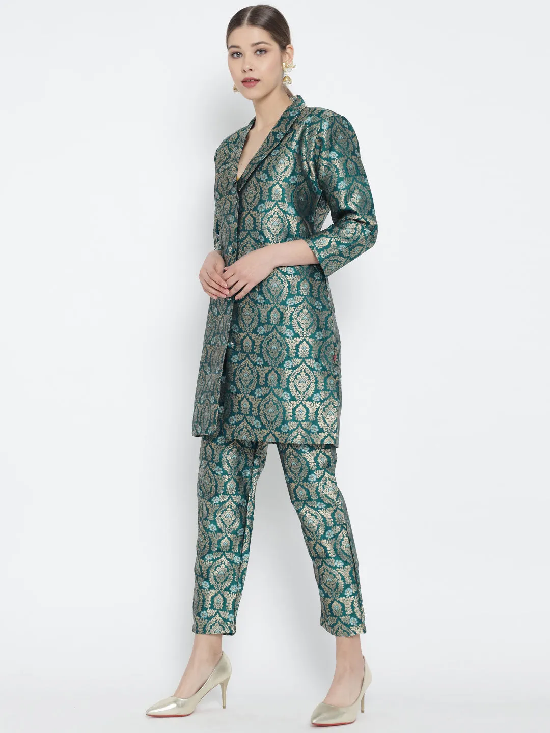 Turquoise Green Jacquard Banarasi Brocade A-Line Blazer With Pant