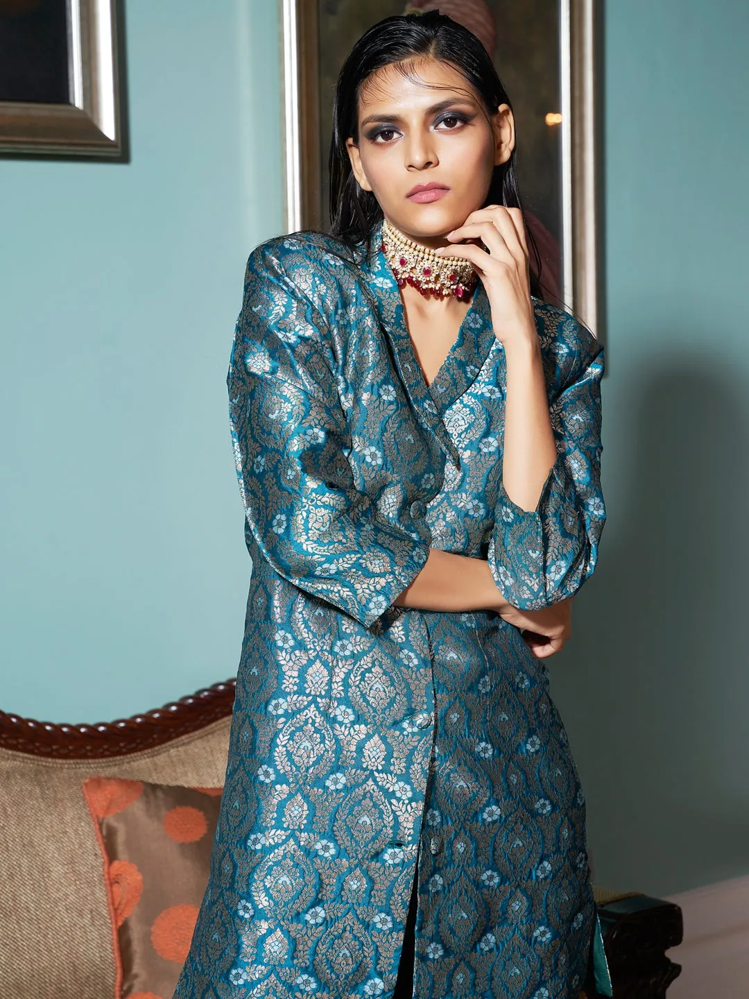 Turquoise Green Jacquard Banarasi Brocade A-Line Blazer With Pant