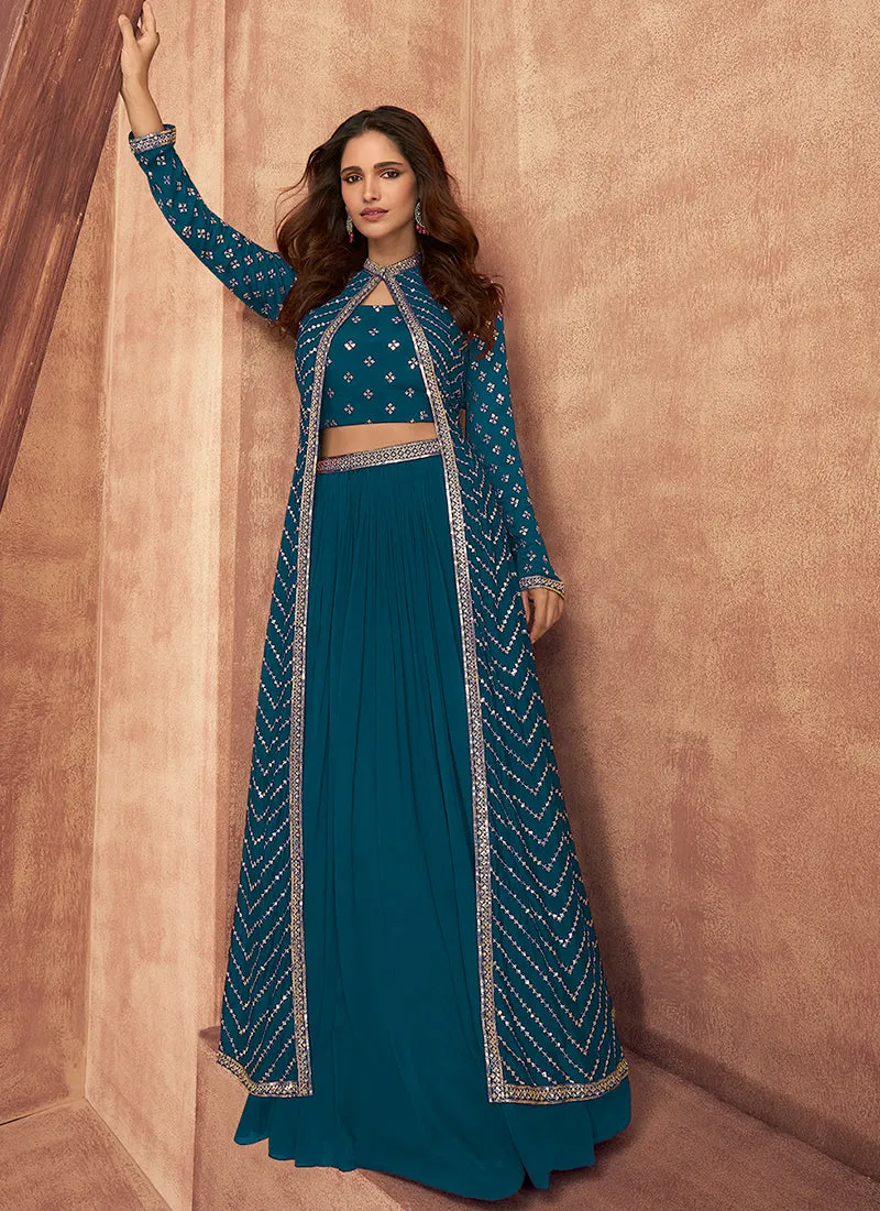 Turquoise Sequence Embroidered Lehenga Choli And Jacket