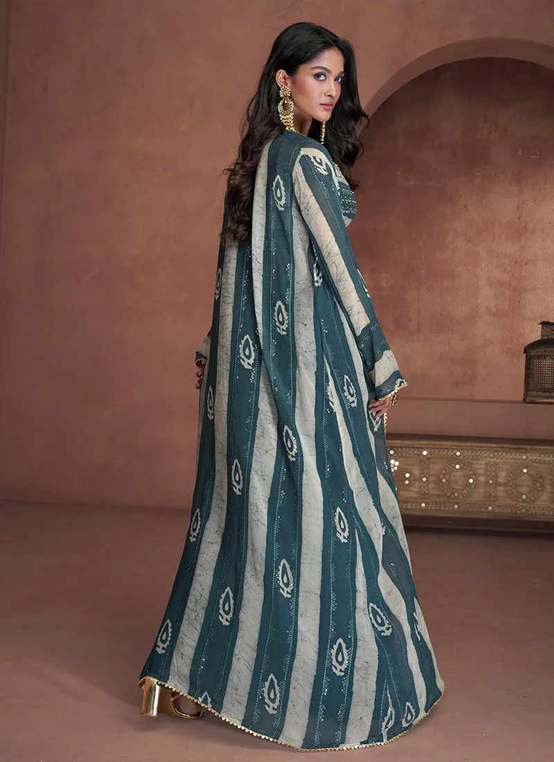 Turquoise Sequence Embroidery Jacket Style Palazzo Suit