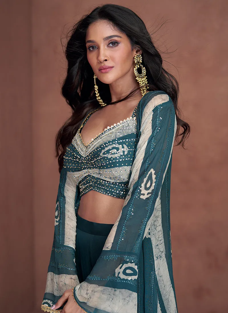 Turquoise Sequence Embroidery Jacket Style Palazzo Suit