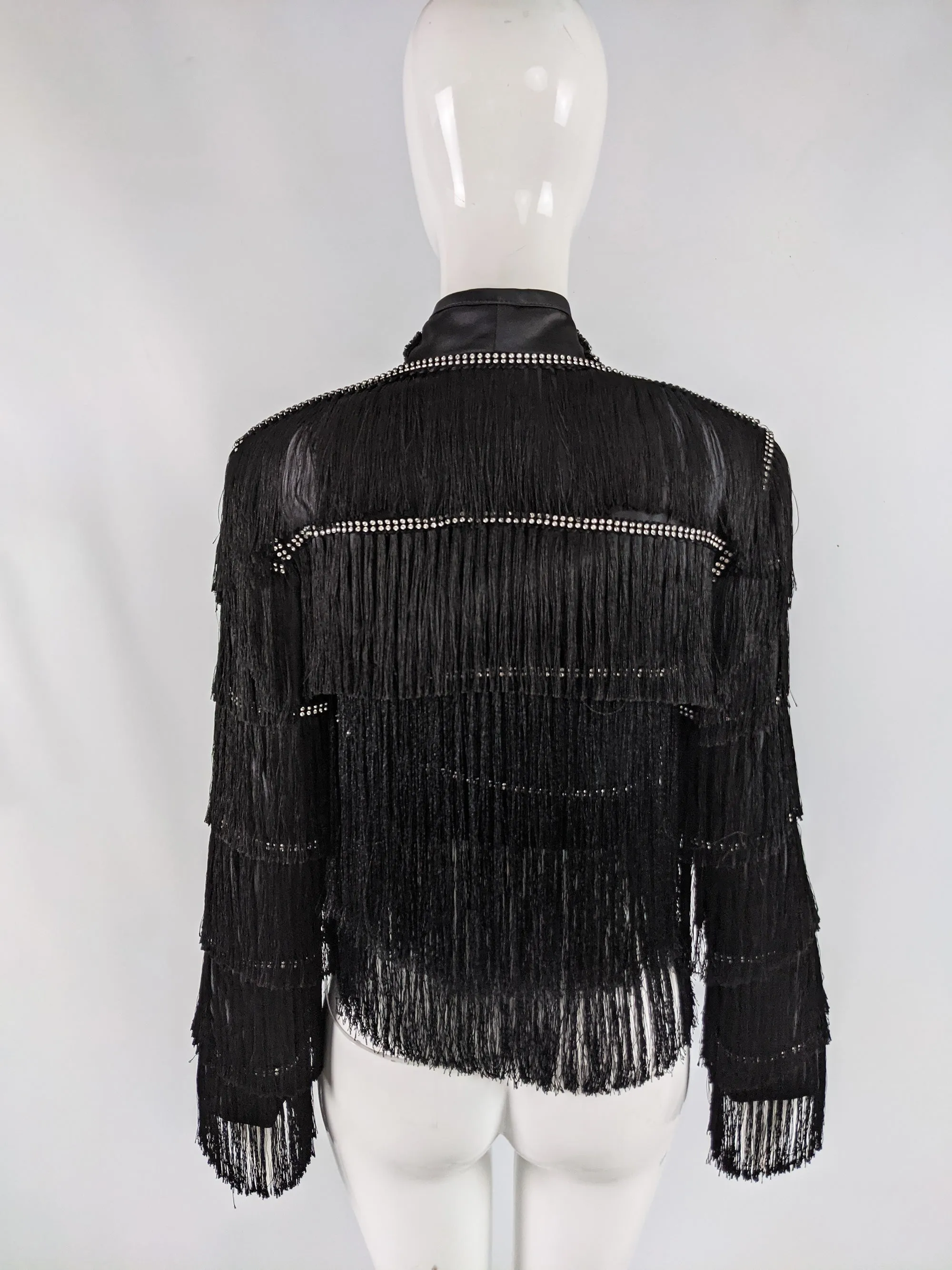 Vintage Black Satin Fringed Bolero Jacket, 1990s