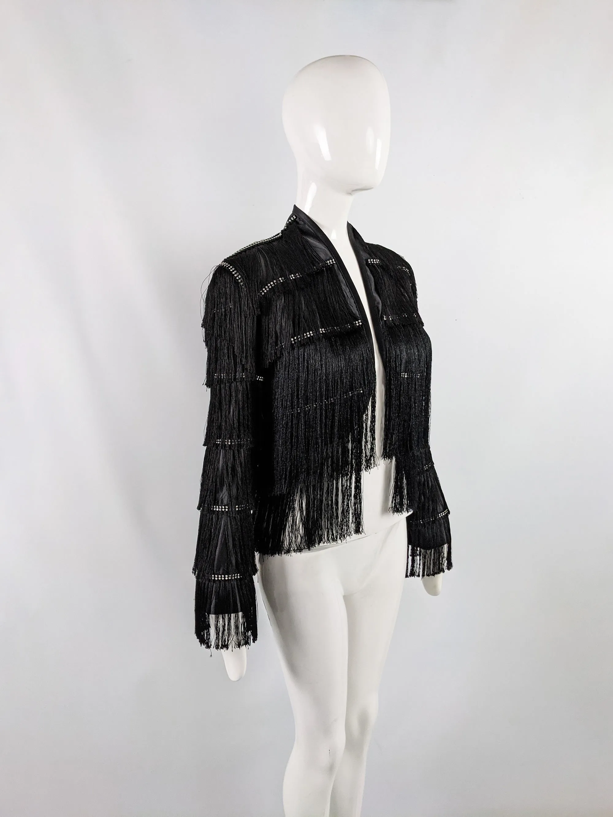 Vintage Black Satin Fringed Bolero Jacket, 1990s