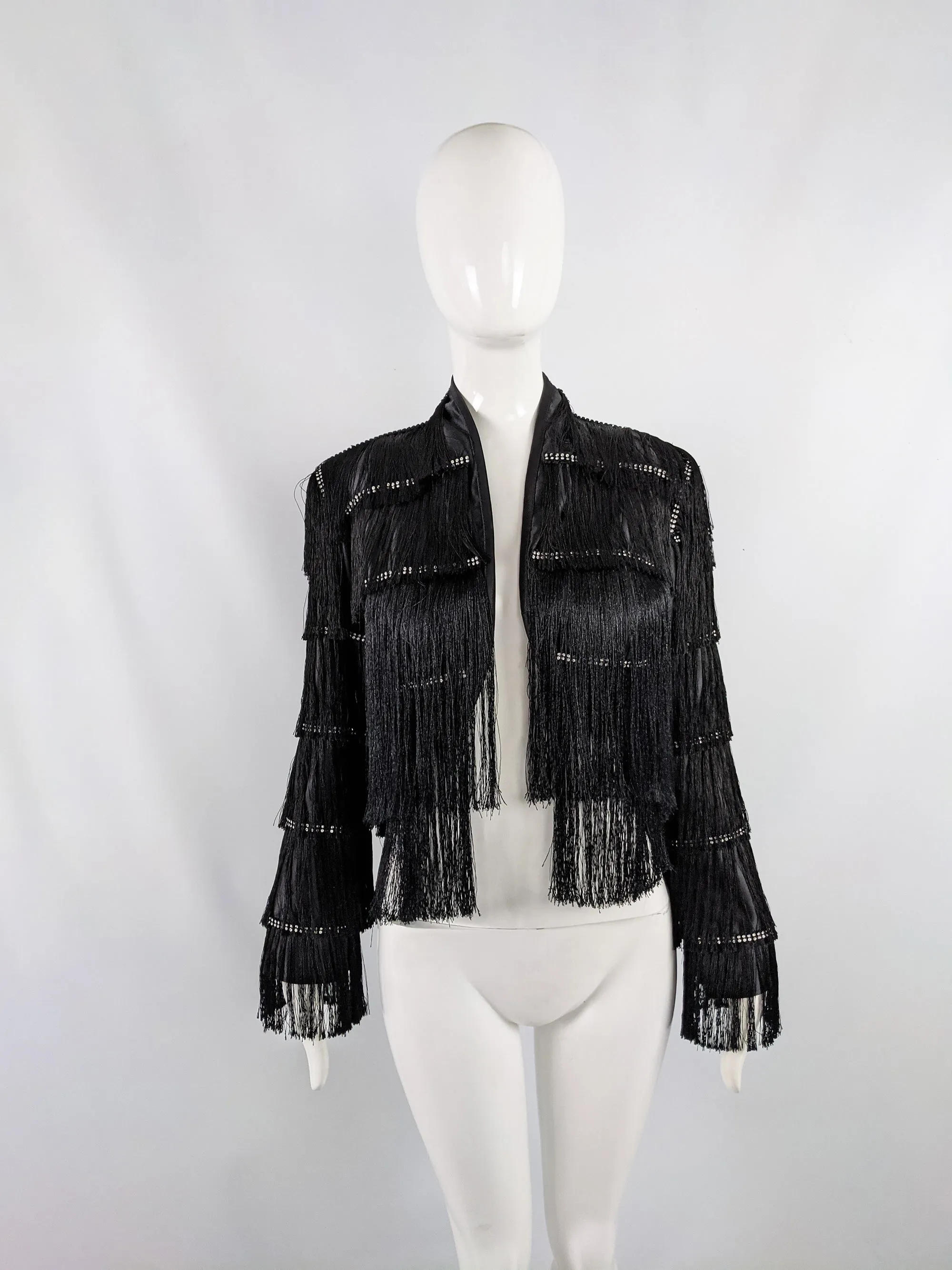 Vintage Black Satin Fringed Bolero Jacket, 1990s