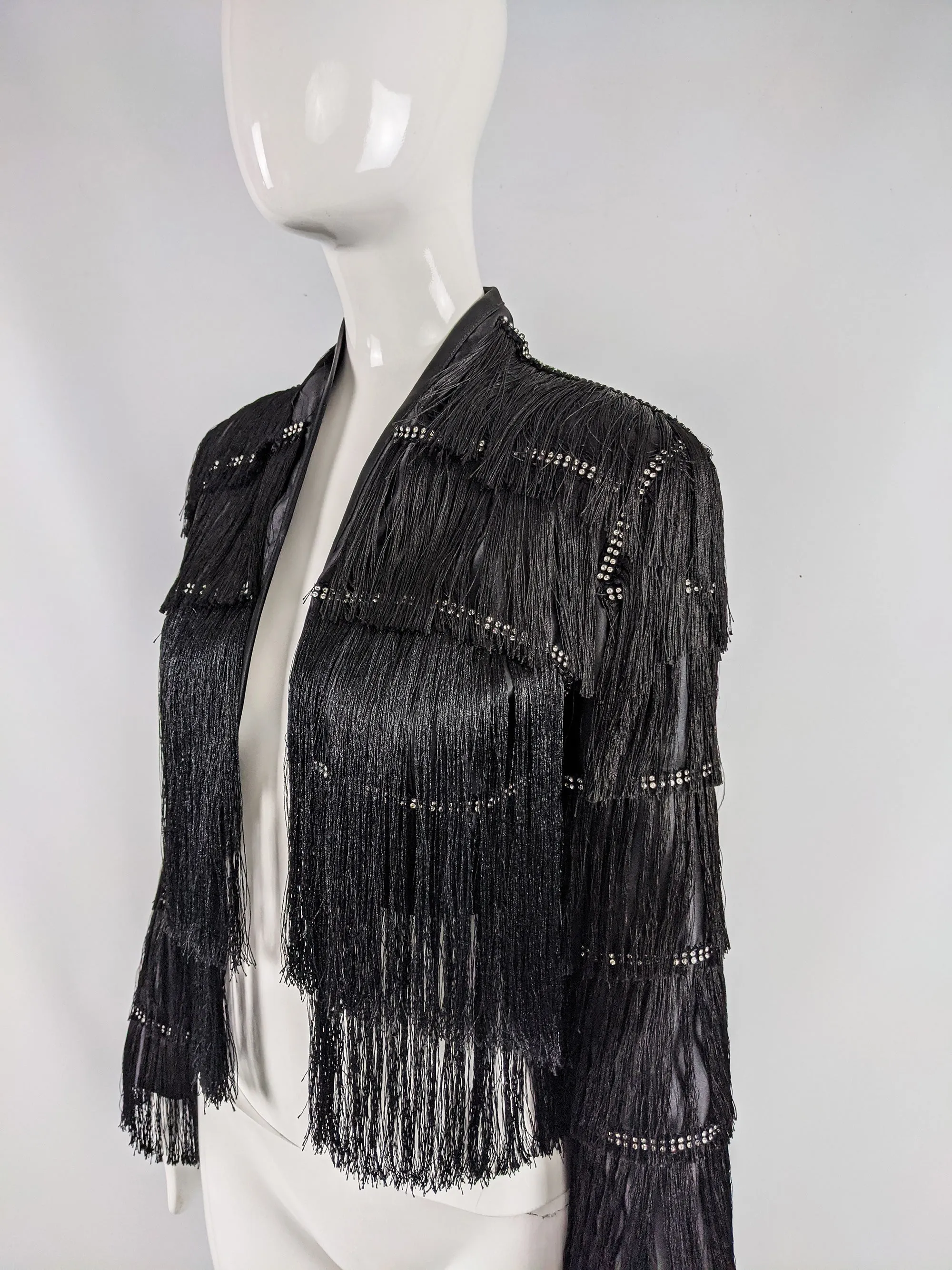 Vintage Black Satin Fringed Bolero Jacket, 1990s