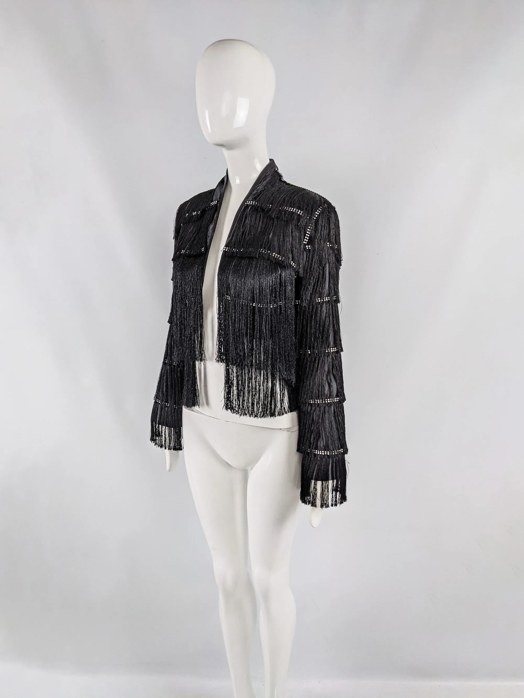 Vintage Black Satin Fringed Bolero Jacket, 1990s