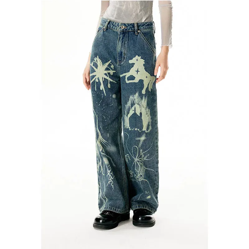 Vintage Blue Graphic Print High Waist Denim Pants for Women