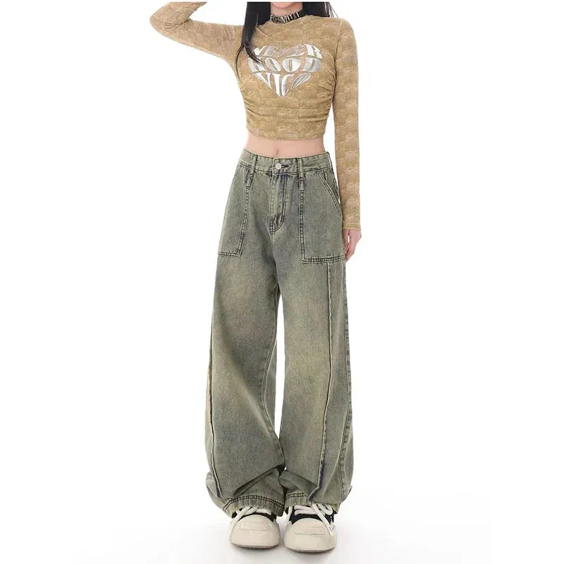 Vintage High Waist Baggy Denim Pants for Women in Blue