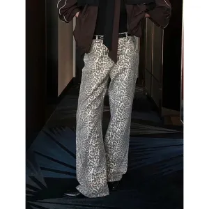 Vintage Leopard Print High Waist Denim Pants