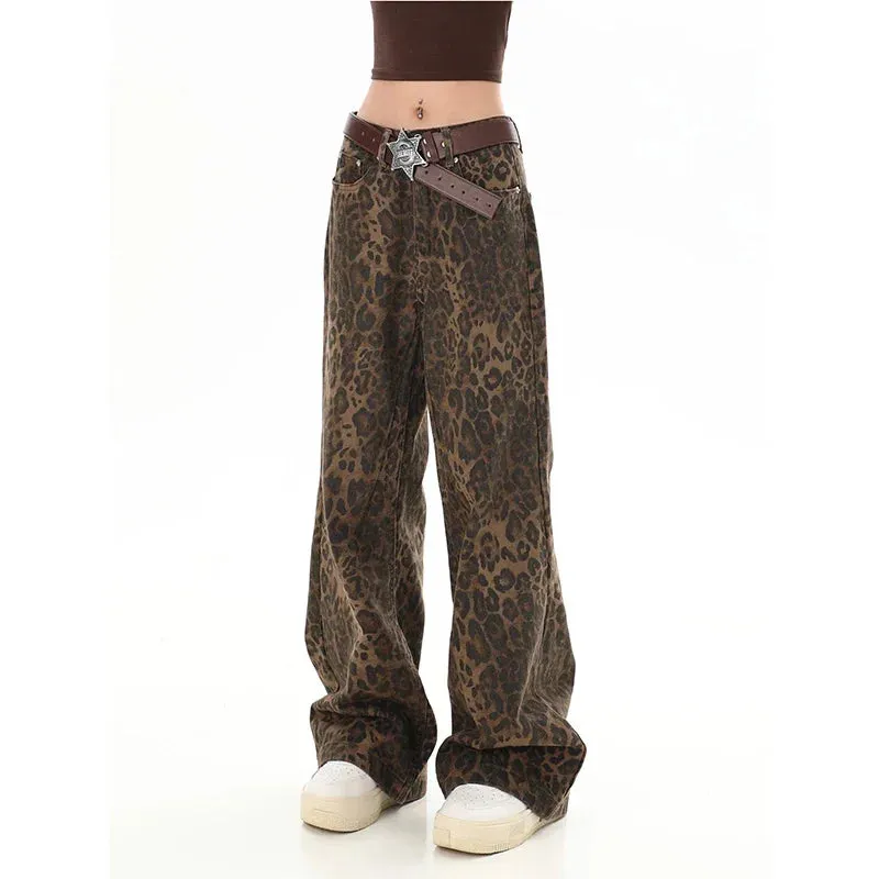 Vintage Leopard Print High Waist Denim Pants