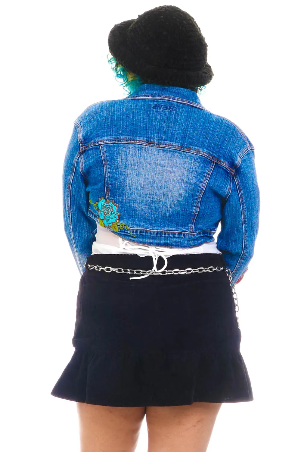 Vintage Y2K Floral Embroidered Cropped Denim Jacket - OSFM