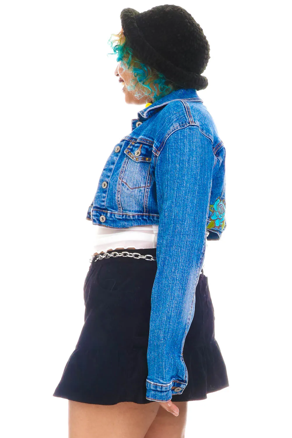 Vintage Y2K Floral Embroidered Cropped Denim Jacket - OSFM