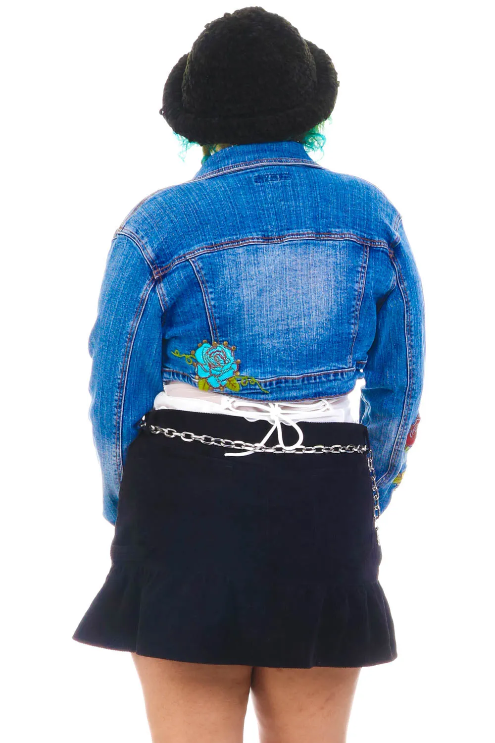 Vintage Y2K Floral Embroidered Cropped Denim Jacket - OSFM