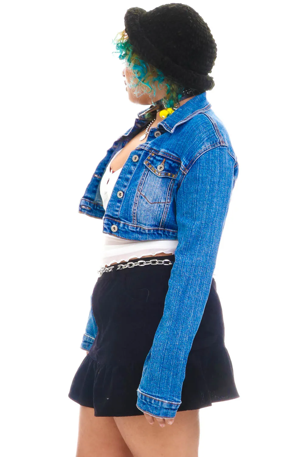 Vintage Y2K Floral Embroidered Cropped Denim Jacket - OSFM