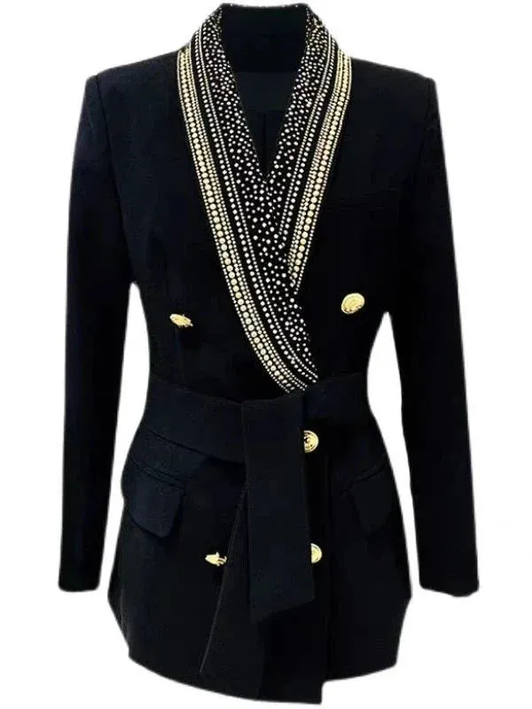 Wenkouban-Winter outfits Christmas Black Friday Beaded Collar Lace-Up Double Breasted Dressy Blazer