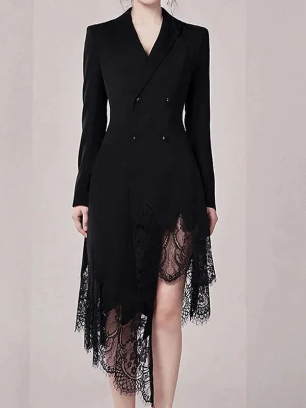 Wenkouban-Winter outfits Christmas Black Friday Irregular Lace Hem Double Breasted Slim Waist Blazer