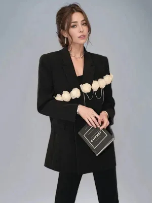 Wenkouban-Winter outfits Christmas Black Friday Notched Collar Flower Draped Chain Covered Button Blazer