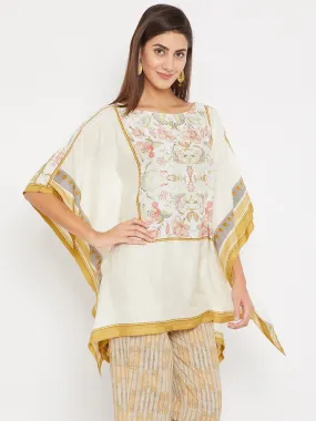 White And Mustard Yellow Effortless Floral  Kaftan Top