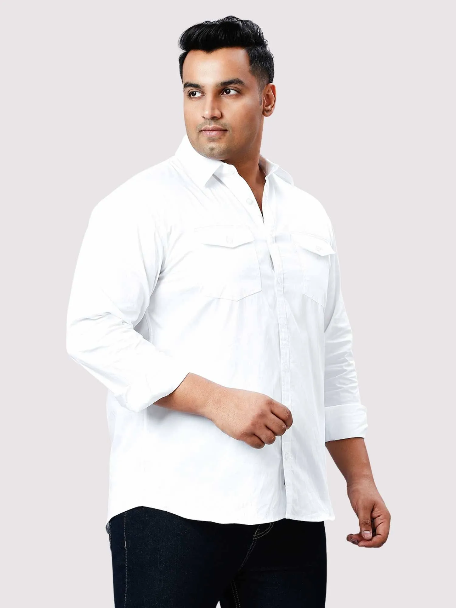 White Solid Pure Cotton Double Pocket Full Sleeve Shirt Men's Plus Size