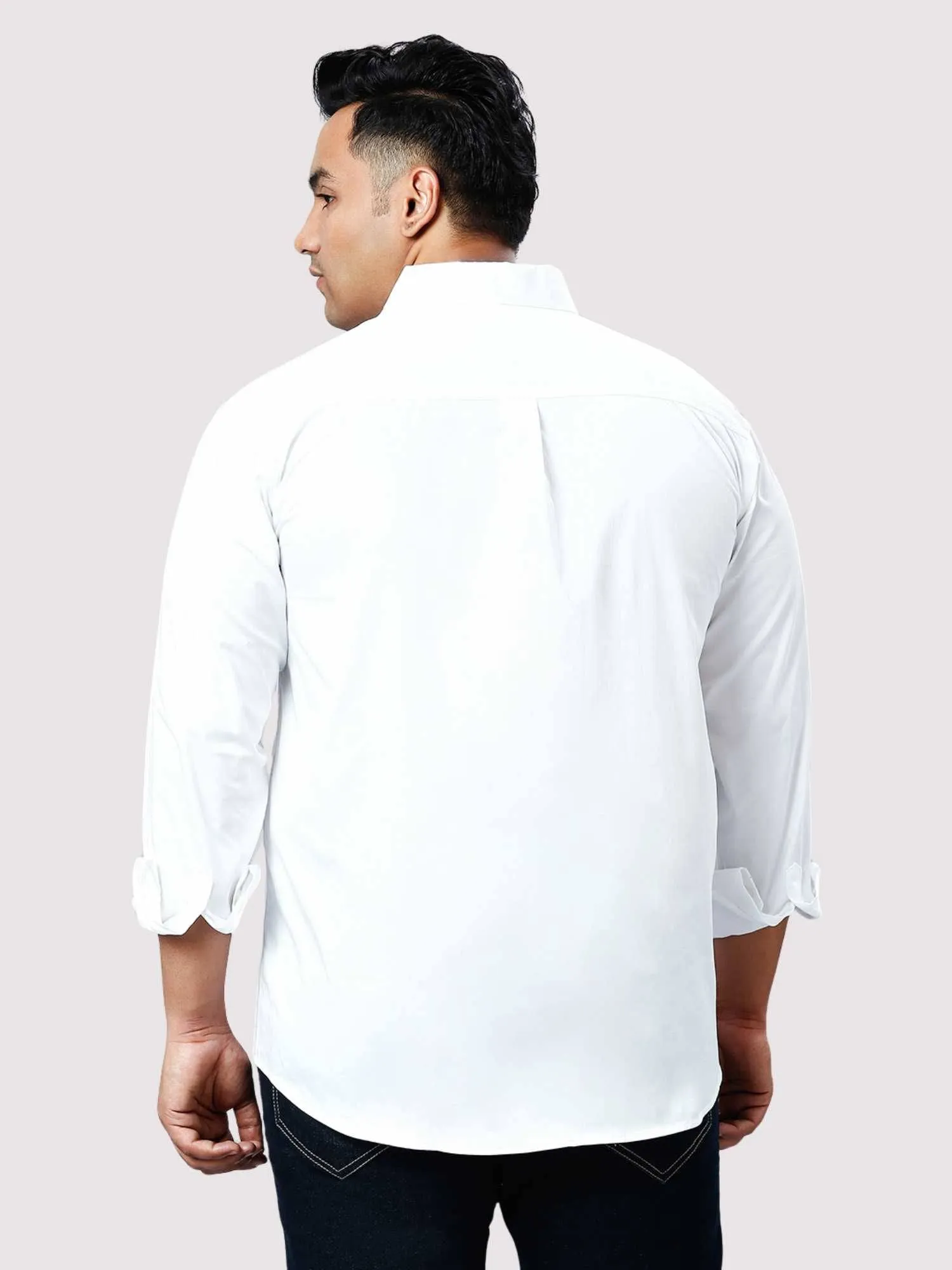 White Solid Pure Cotton Double Pocket Full Sleeve Shirt Men's Plus Size